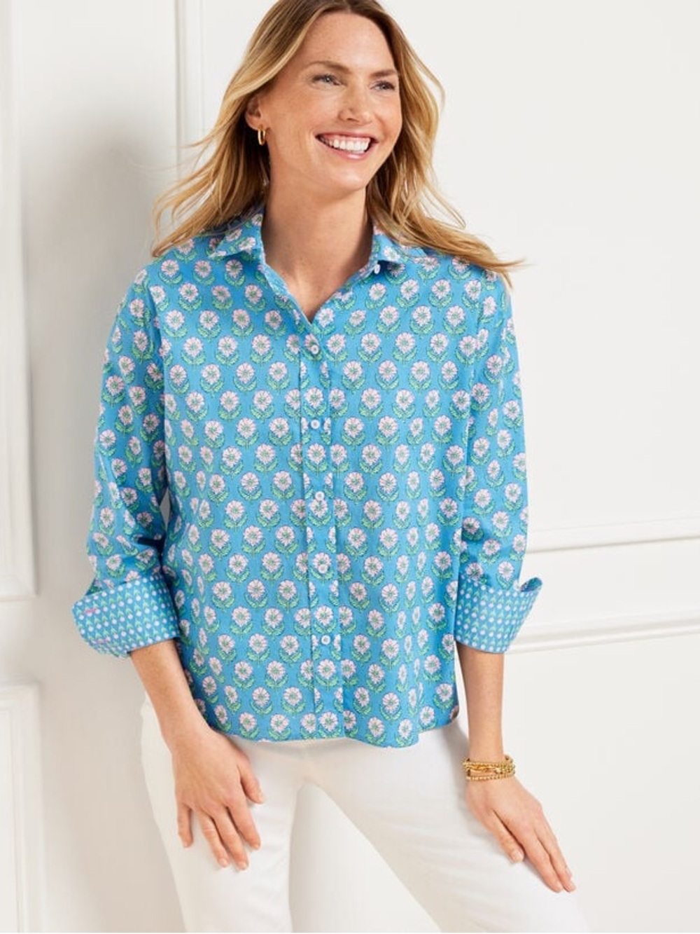 Talbots POPLIN SHORT SHIRT - WOODBLOCK BUD Medium